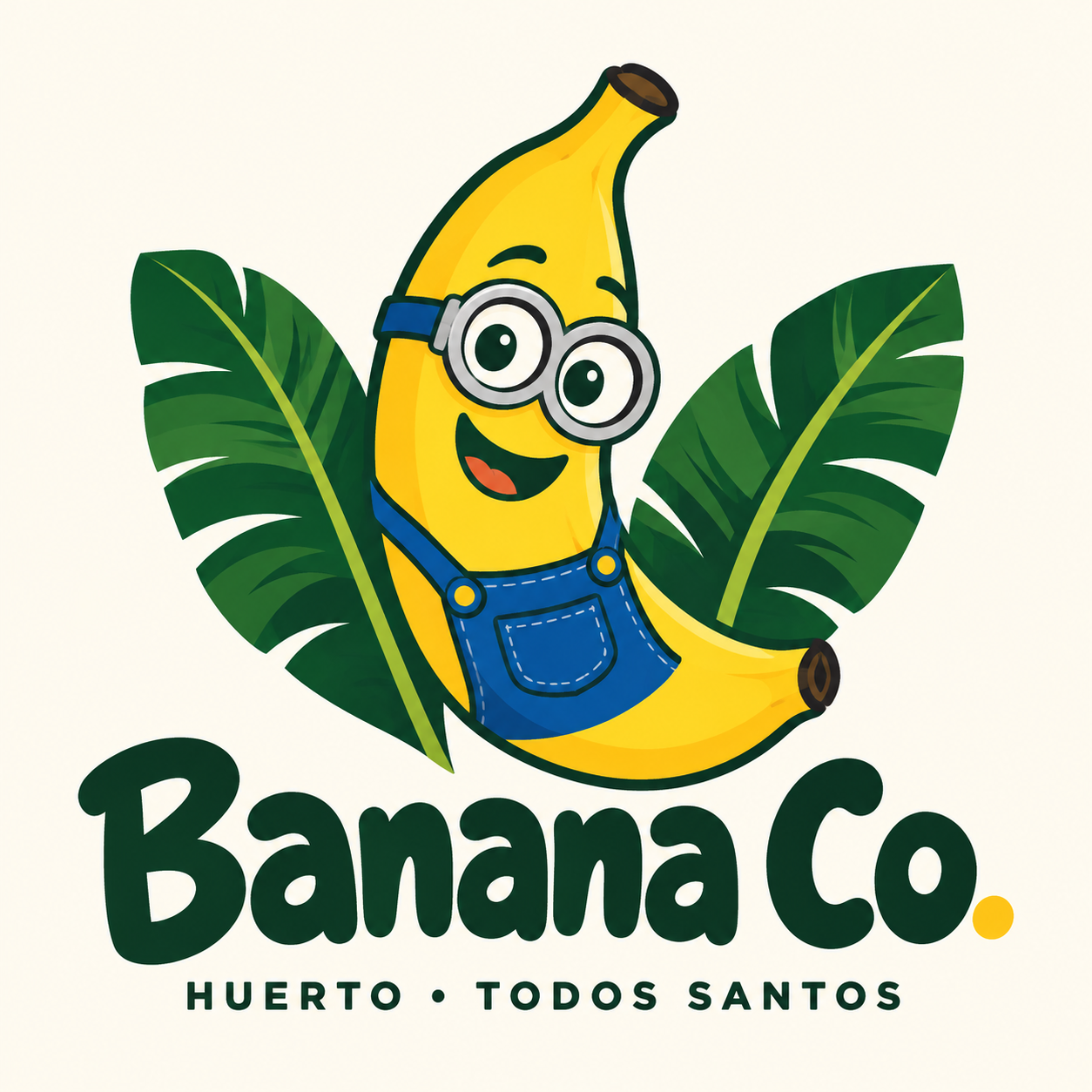 Banana Co. — HUERTO · TODOS SANTOS. Mascota de banana con gafas y overol azul.